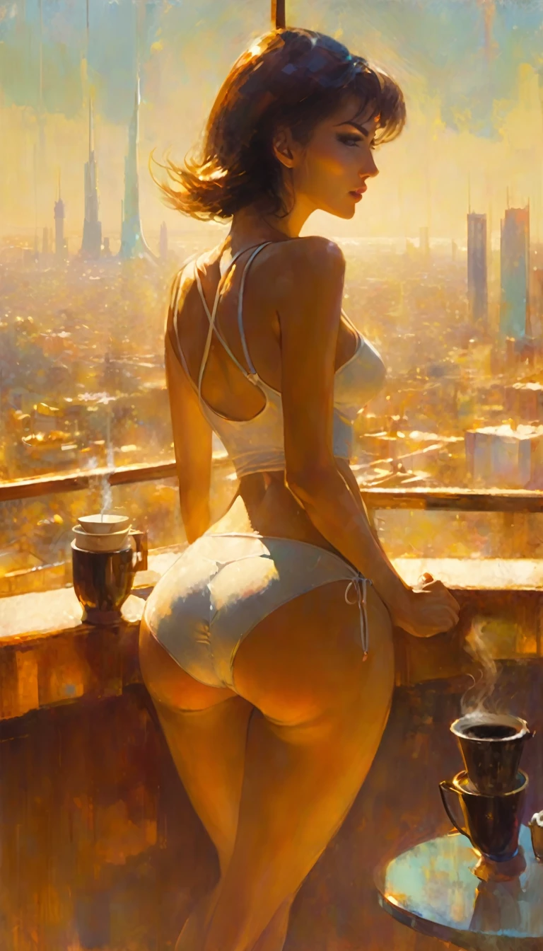 sexy woman, in a tank top and panties, having a coffee, enjoying the views from a large terrace, views of a futuristic city:1.5. (art inspired in Bill Sienkiewicz). oil painting)
