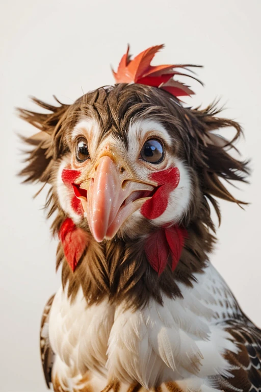 ((Best Quality)), ((Masterpiece)), (detailed), a happy chicken, smiling and funny looking to the right with funny eyes, with red feathers on the head, on a white background