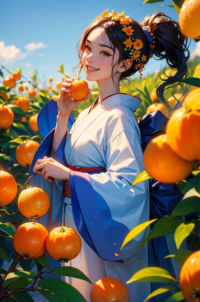 A beautiful smiling woman in a kimono holding a bunch of oranges under a blue sky