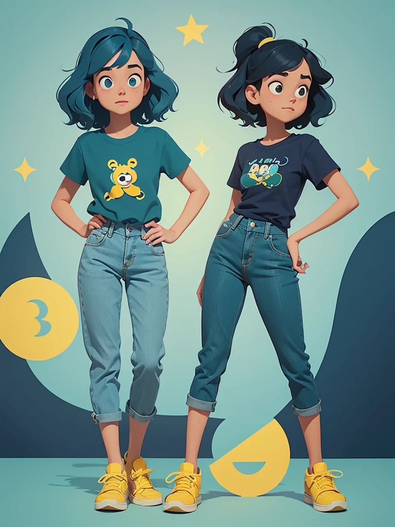 an illustration of a 22-year-old girl in Pixar-inspired 3D style/Disney. She has short, wavy navy blue hair., is wearing a green t-shirt, blue pants and yellow sneakers. The illustration must be highly detailed and show the character's entire body.