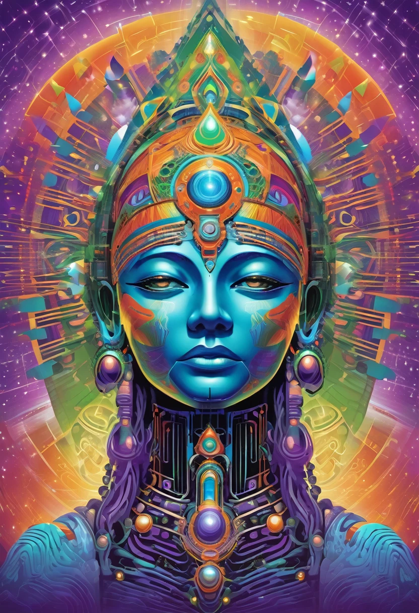 indian robotic face mystical dimensional god seen from the front, futuristic and geometric technology backdrop, spirit, dmr, md, mdma, intergalactic thc, other planets and mirror effects, colors, purple, green, blue and orange.electronic album cover