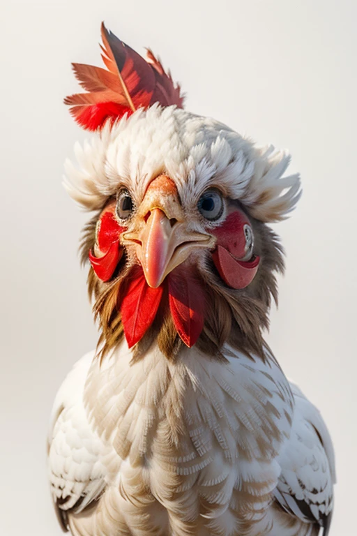 ((Best Quality)), ((Masterpiece)), (detailed), a happy chicken, smiling and funny looking to the right with funny eyes, with red feathers on the head, on a white background