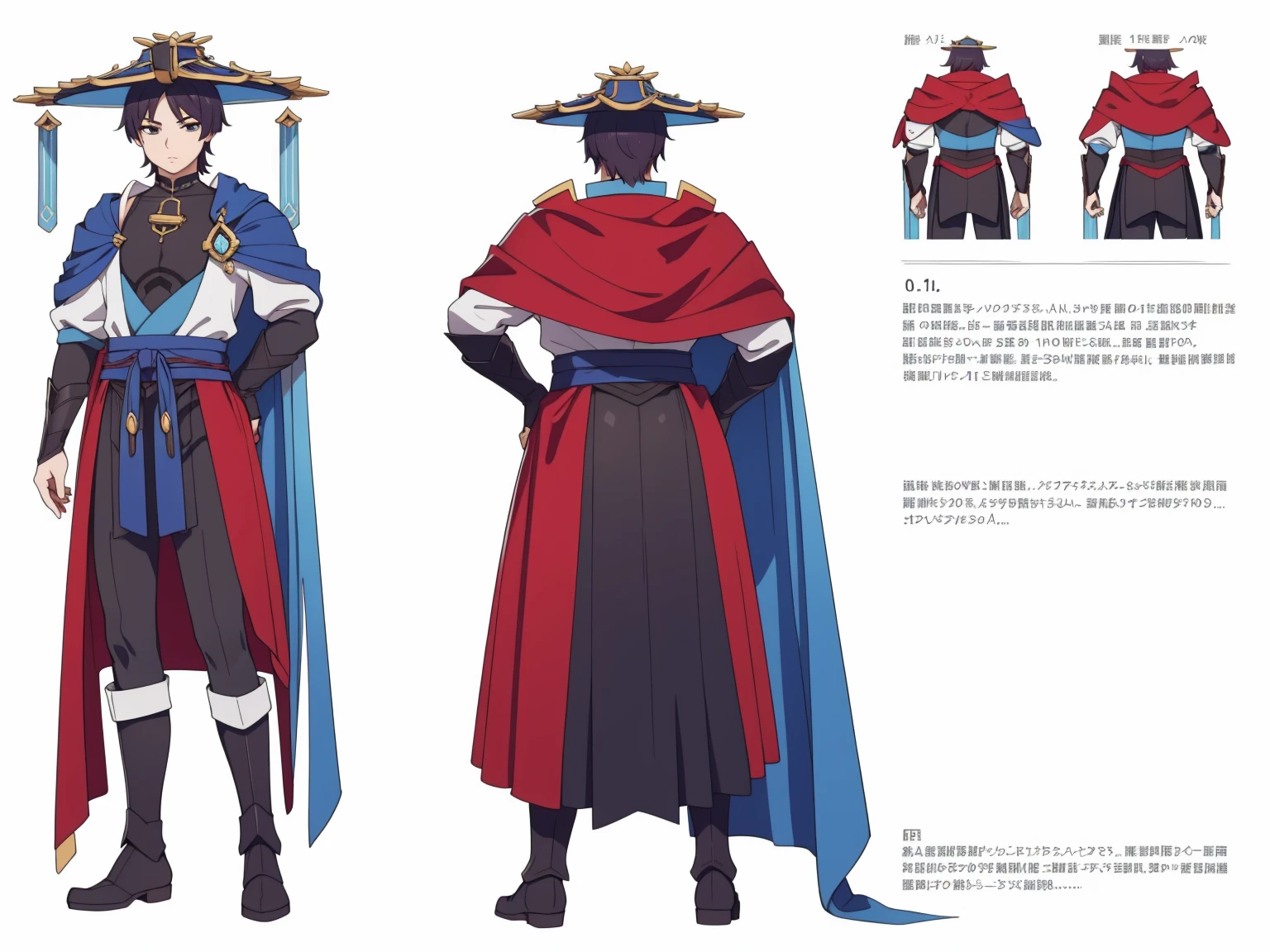 (Back cape)Big hat, Cape, (shiny red Metal armor1.0), Body armor, shoulder pads (shiny red armor:1.0)Sfw, (Wanderer:1.0)Thin, fit, 1boy, solo, male focus, looking at viewer, upper body,  hair, realistic, hat, default clothing, wanderer clothing, (character design sheet, full body, front, side, back), Illustration, environment change, pose (simple background, white background: 1.0)