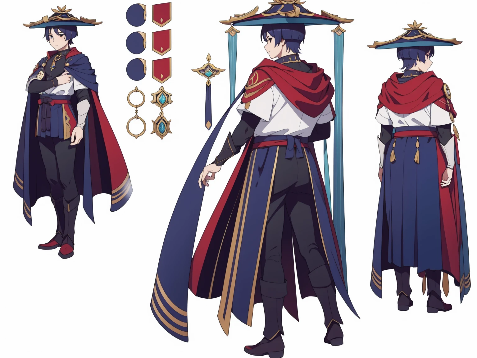 (Back cape)Big hat, Cape, (shiny red Metal armor1.0), Body armor, shoulder pads (shiny red armor:1.0)Sfw, (Wanderer:1.0)Thin, fit, 1boy, solo, male focus, looking at viewer, upper body,  hair, realistic, hat, default clothing, wanderer clothing, (character design sheet, full body, front, side, back), Illustration, environment change, pose (simple background, white background: 1.0)