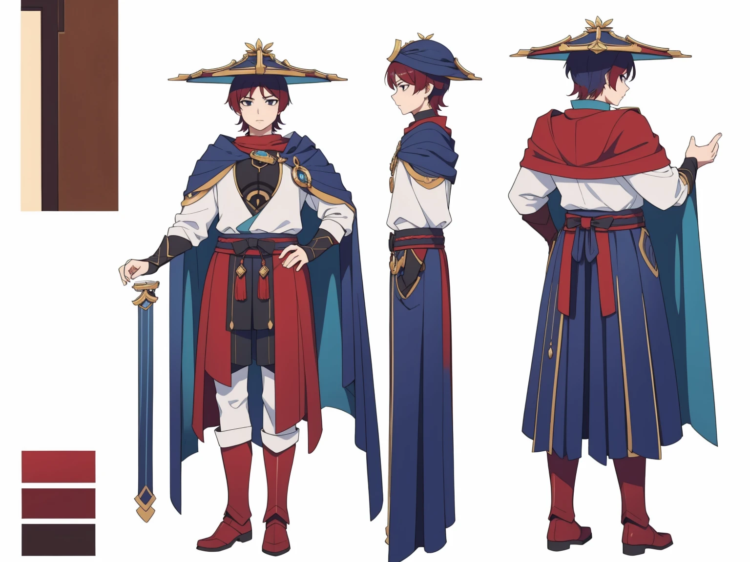 (Back cape)Big hat, Cape, (shiny red Metal armor1.0), Body armor, shoulder pads (shiny red armor:1.0)Sfw, (Wanderer:1.0)Thin, fit, 1boy, solo, male focus, looking at viewer, upper body,  hair, realistic, hat, default clothing, wanderer clothing, (character design sheet, full body, front, side, back), Illustration, environment change, pose (simple background, white background: 1.0)