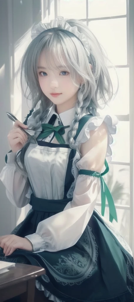 (masterpiece), (best quality), (1 girl)), Astonishing, eyes in beautiful detail, Fine details, Depth of Field, The original, ((best quality)), ((Very detailed)), (Best Illustration Award), (Optimal lighting, The best shadow), (Very refined)), Very detailed的壁纸从视图, landscape, Young Girls, , whole body, Medium breasts,winter, Light, Light makeup, Internal, blush, Looking out the window, Wind Blow, floating, Sitting at the table, Glass Windows, Mirror,  Sakuya sixteen lives, Silver Hair, Maid costume, White apron, The skirt is very short, Sexy pose, Flying Knife, Take a knife, Sleeveless, Delicate face, Delicate eyes, Fresh blue eyes, Big green ribbon, Blue clothing, Double braid, Little green ribbon