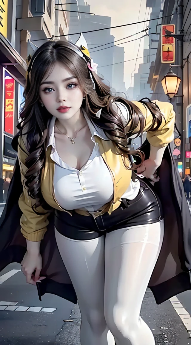 Masterpiece,Best quality,A high resolution, 1girll,From below,(Very thin and straight legs),,(Very long legs,Straight legs),,High heels,long leges,standing on your feet, Long legs as seen from the front, Perfect body,with perfect legs,(exteriors),full bodyesbian,cyber punk perssonage,dynamicposes,1girll,Elaborate Eyes,Brown eyes,eye shadows,putting makeup on,long whitr hair, Detailed face, Detailed eyes, looking at viewert, blusher\(putting makeup on\), full pouty lips, Redlip,(long white hair:1.3), (standing on your feet)Mechanically static,Mechanical summoning,(hair adornments:1.1),head gear,((((Short yellow jacket,Ultra shorts)))),(black lence stockings,Stocking suspenders),City,Luminescent windings,With a long sword in his hand,missiles,cyberpunk lights:1.1),neonlight,Fully mechanical and futuristic elements,technologies,The background is a traditional Chinese street,china town, the street, Skysky, cyber punk perssonage, paper lanterns, Neon Super Resolution,(Reality:1.3),1(Slim:1.2),dramatic lights,vibrant detail,Luxurious cyberpunk,the complex background,rendering by octane,((huge nipple, huge split, huge mature saggy seductive breasts)), ((((wearing white sheer sexy pantyhose, wearing seductive white sheer pantyhose, wearing stocking))))
