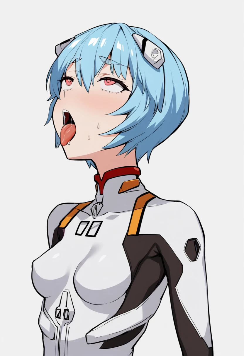 One girl, (ahegao:1.8), Ayanami Rei, alone, Red eyes, Plug Suit, short hair, Blue Hair, chest, Bodysuits, Upper Body, White Background, white Bodysuits, Simple Background, Interface Headset, bangs, Mouth closed, Hair between the eyes, medium chest, medium quality, slow, 