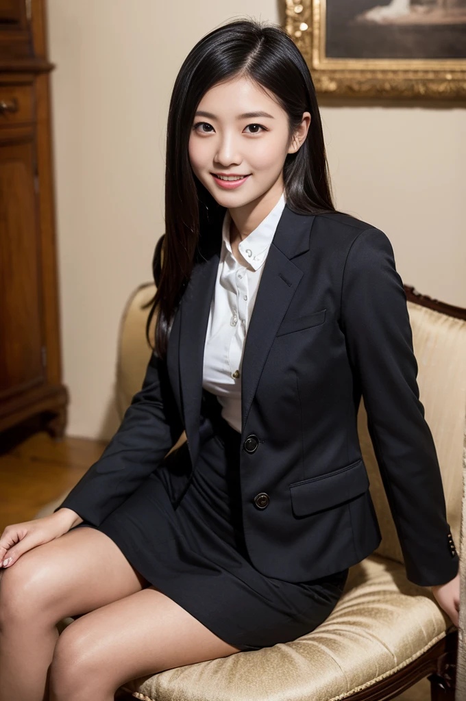 Pure young Japanese girl, wearing dark colors style suits and skirts, vivid makeup, natural black hair styles, sitting in antique in style rooms, sweet smile, sexual attractive, professional portrait photography, midnight, 
