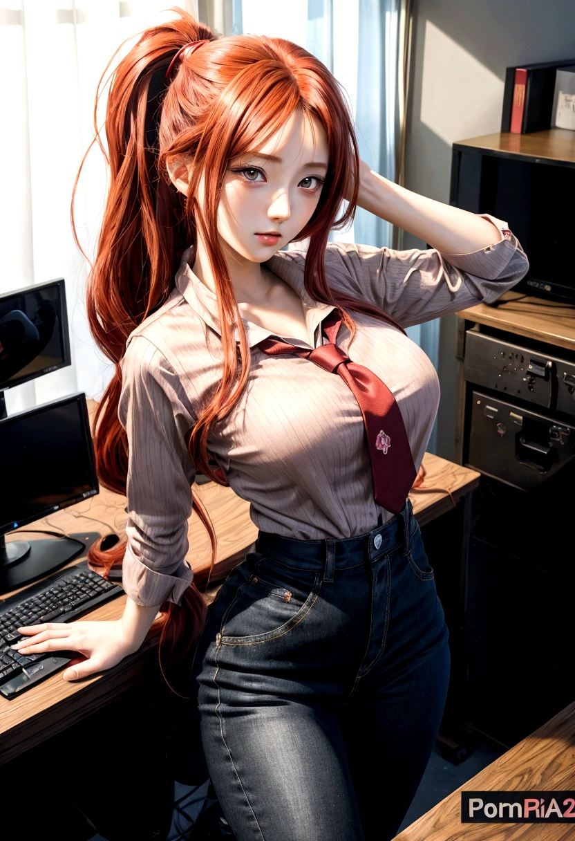 Anime girl with long red hair and tie posing in front of a computer, seductive anime girl, detailed Digital Anime Art, hyperRealistic schoolgirl, Digital Anime Art, soft anime CG art, Digitale Anime-Illustration, Realistic , attractive anime girl, photorealistic anime girl rendering, A hyperrealistic , Casual pose, beautiful anime high school girl