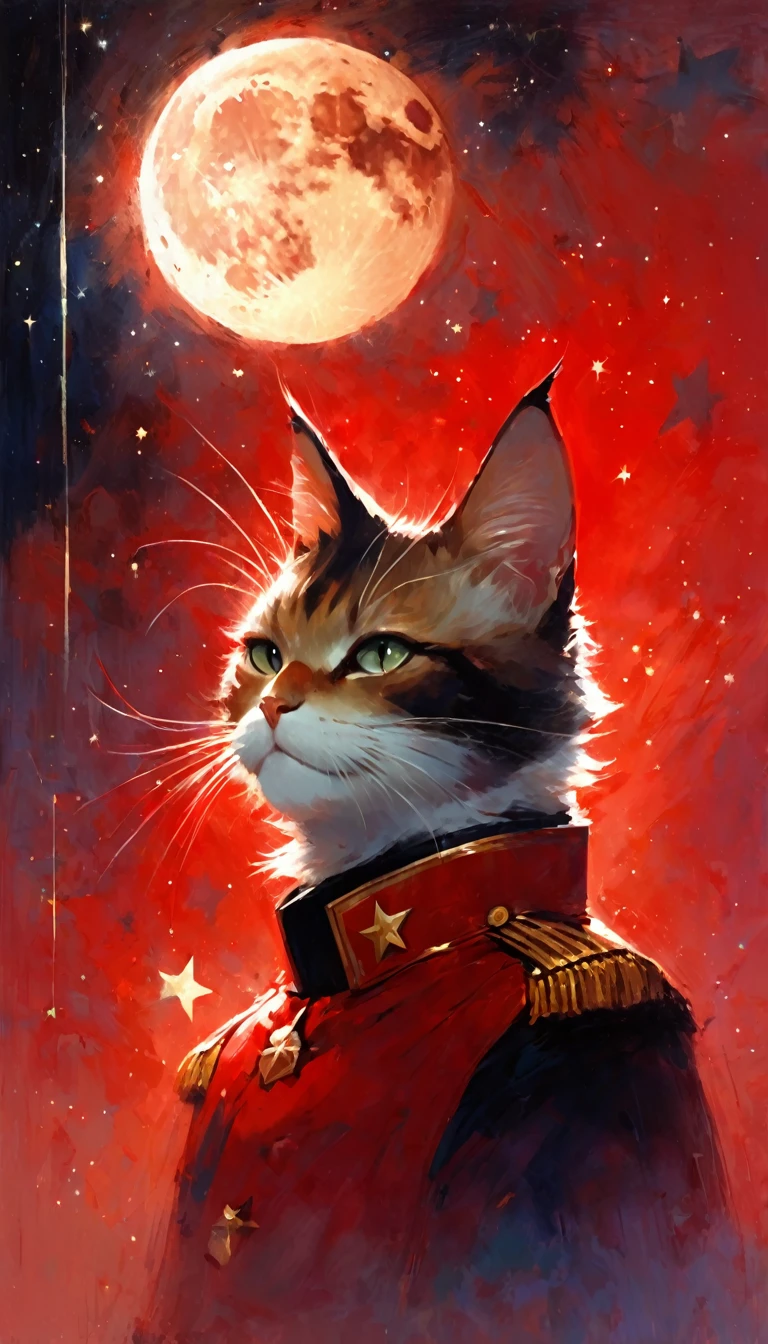 1communist cat, red star, magic, fantastic, night sky, moon, stars, background, (art inspired in Bill Sienkiewicz). oil painting)

