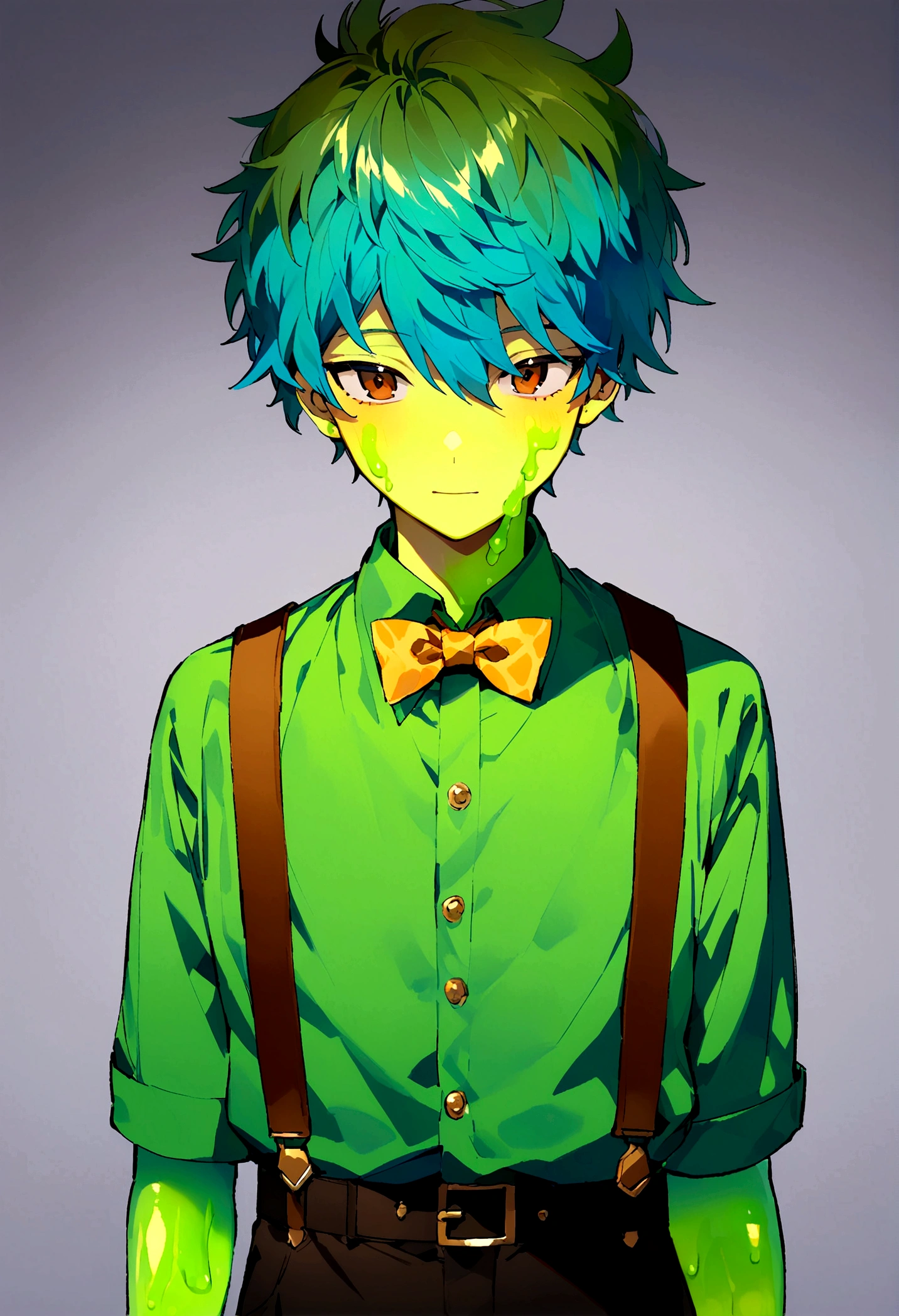 A 17 year old male teenager with a green jelly skin, brown eyes and a blue, green hair, wearing a green shirt wearing brown straps, and black pants and a yellow bowtie.