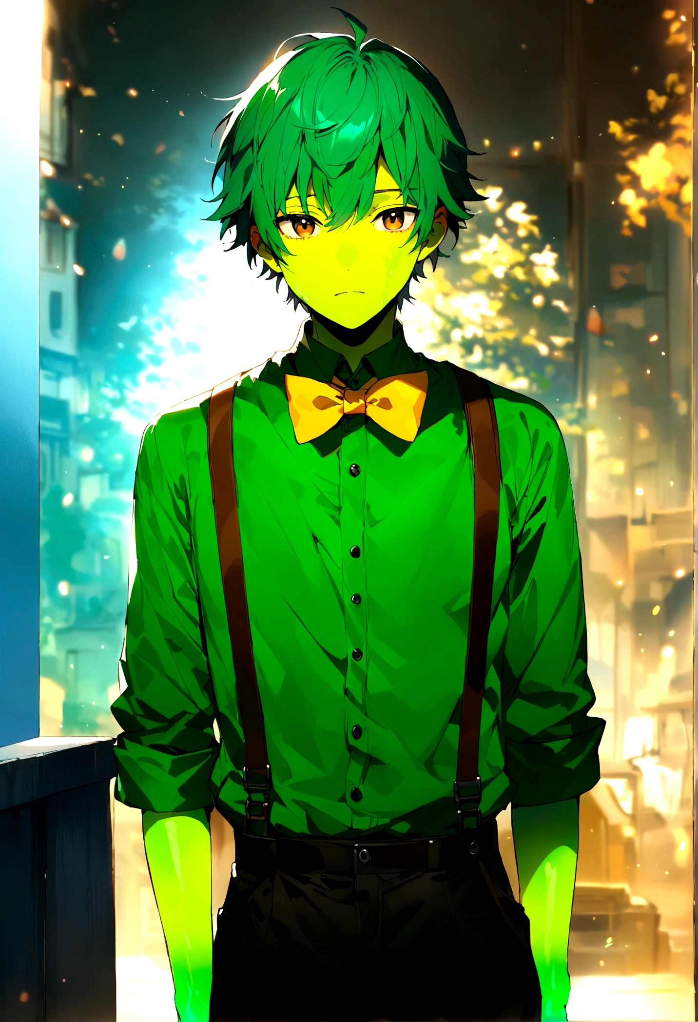 A  male teenager with a green jelly skin, brown eyes and a blue, green hair, wearing a  green shirt wearing brown straps, and black pants and a yellow bowtie. 