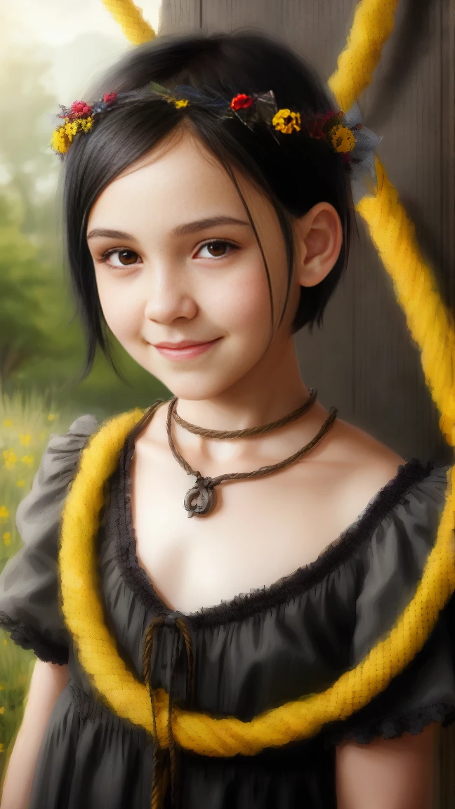 high resolution, portrait, boy and girl with black hair, 8 ans, light gray hair, short haircut, Yellow eyes, ssmile, wreath, portrait, rope ladder in background, realism, fantasy