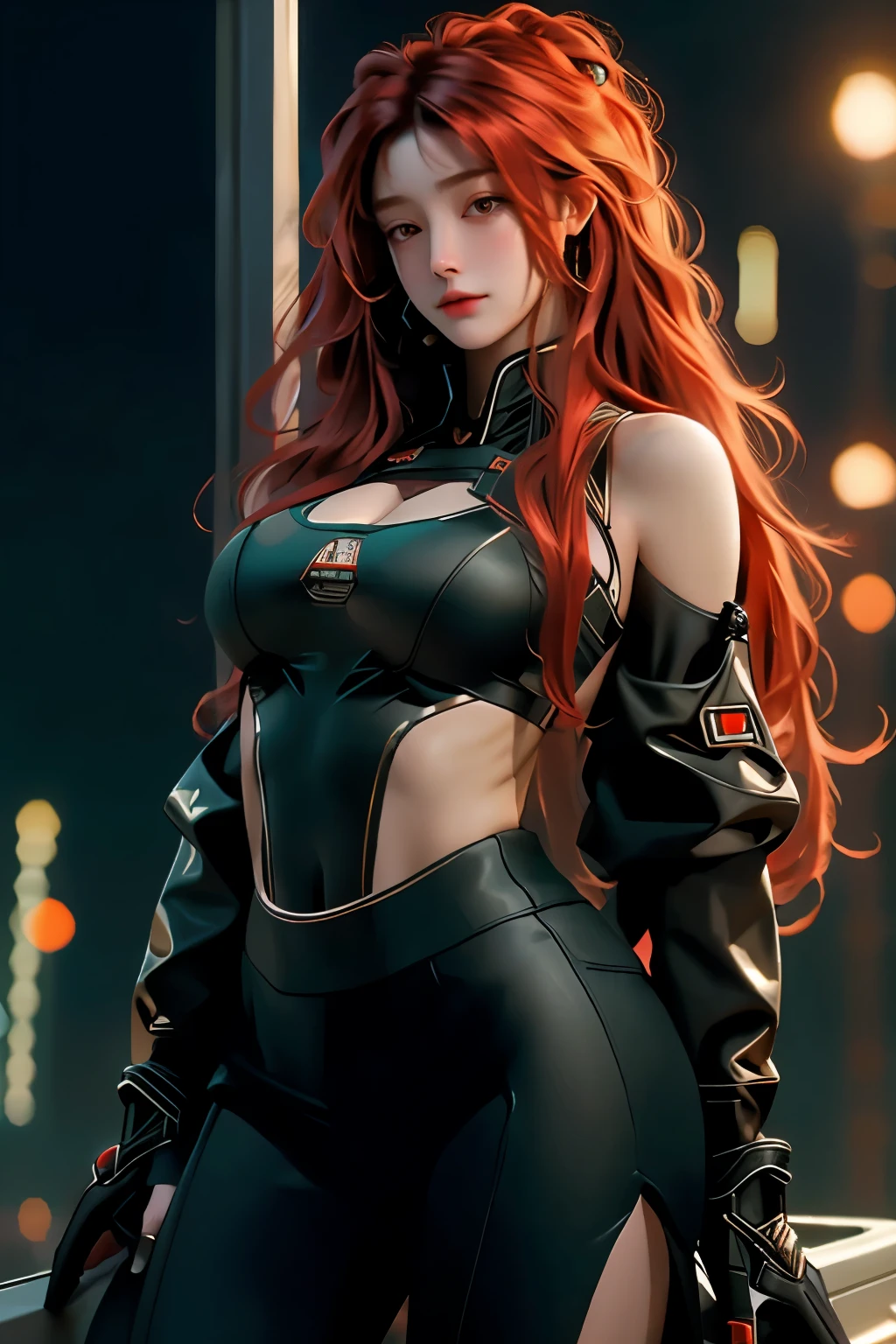 ((best quality)), ((Masterpiece)), (details:1.4), 3d, hips up, Image of a beautiful cyberpunk woman., HDR (high dynamic range), long hair, red hair, future police, PBR surface,After processing,Anisotropic filtration,depth of field, Maximum clarity and clarity, multi-layered surface, perfect proportions, 8K raw files, Scars on the face, future world, at night