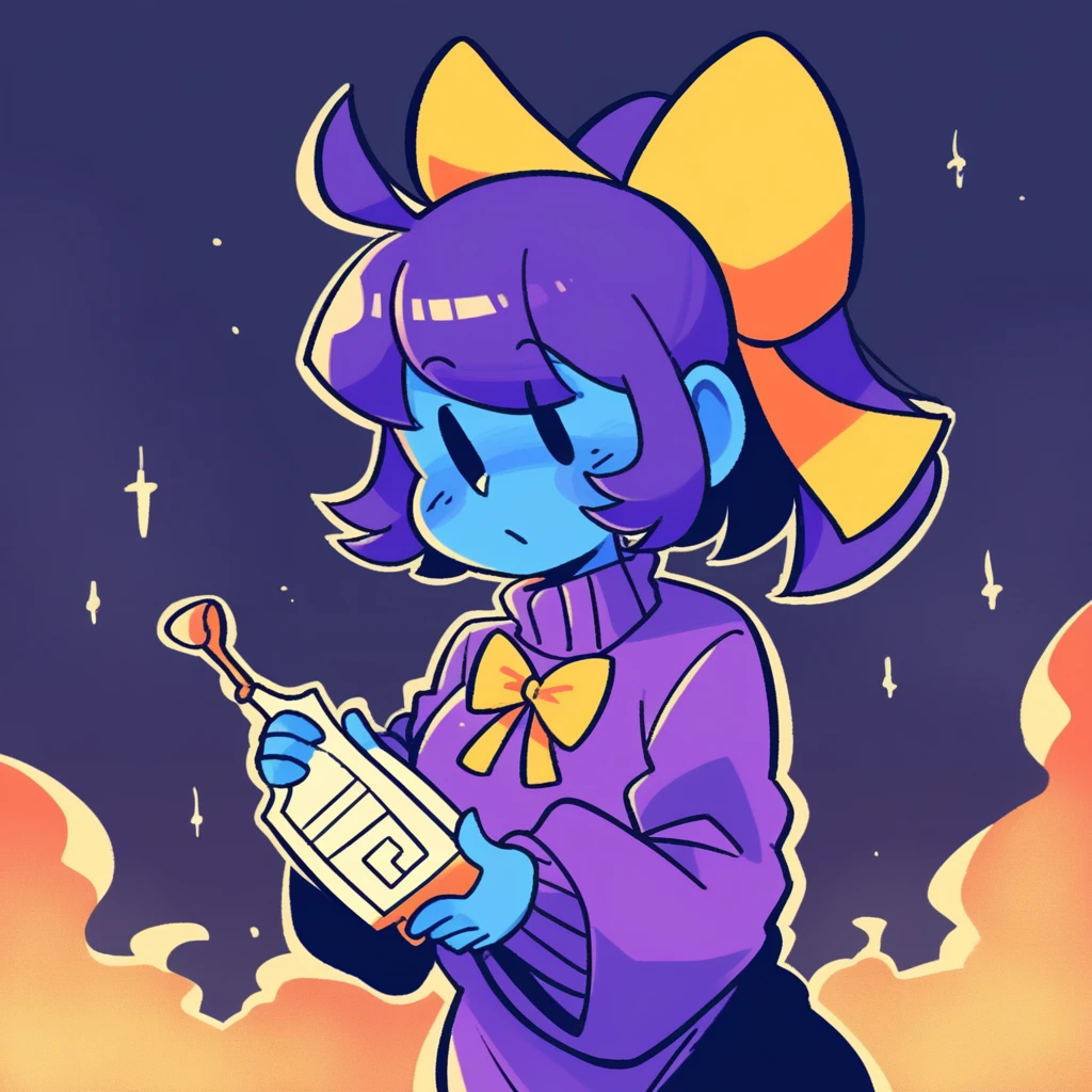 PDXL, score_9_superior, score_8_superior, score_7_superior, Highest quality, masterpiece, sauce_anime, Dark Background, indoor, Dim lighting, Old house, night, Detailed Background, Break 1 Girl, alone, Marina_(/Noil/), Dot Eye, Ghost, Ghost girl, Purple Hair, ponytail, Blue Skin, Blue body, Purple Hair, bow, Purple Sweater, shoes下, shoes, Yellow sneakers, Bottomless, View your viewers, Nuns, Black Robe