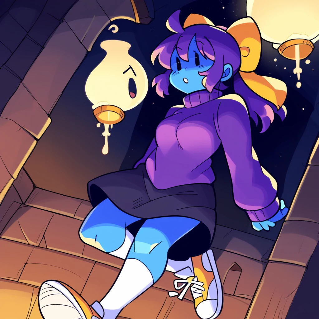 PDXL, score_9_superior, score_8_superior, score_7_superior, Highest quality, masterpiece, sauce_anime, Dark Background, indoor, Dim lighting, Old house, night, Detailed Background, Break 1 Girl, alone, Marina_(/Noil/), Dot Eye, Ghost, Ghost girl, Purple Hair, ponytail, Blue Skin, Blue body, Purple Hair, bow, Purple Sweater, shoes下, shoes, Yellow sneakers, Bottomless, View your viewers, Nuns, Black Robe