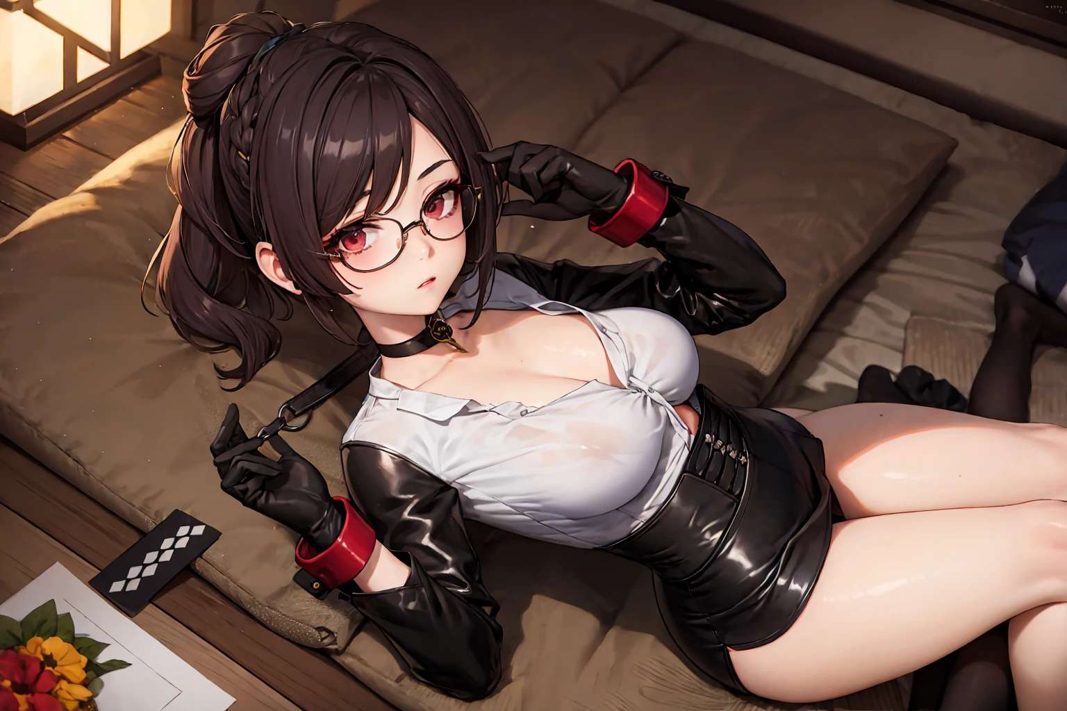 1 girl, Chiori \(genshin impact\), Alone, lying down, View from above, choker:1.6, White long sleeve shirt with long sleeve collar, black leather corset, black gloves that cover your hands, shiny black tight mini skirt, shackles, glasses, looking at the viewer,, inside, depth of field, expressionless, alley, at night