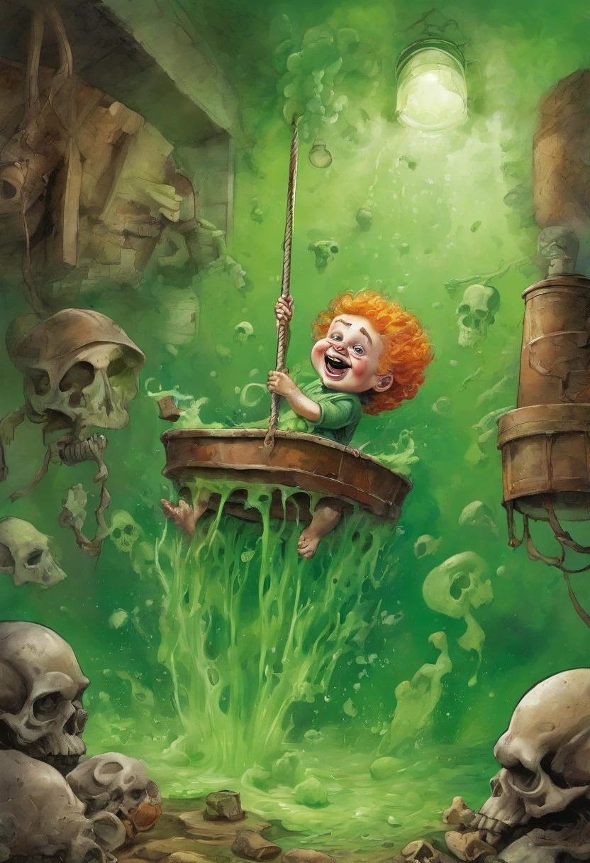 ((kid falling into vat of green acid with bones floating in it, garbage pail kids style)), in warehouse, bones floating in acid, 3d cartoon, high quality, detailed,