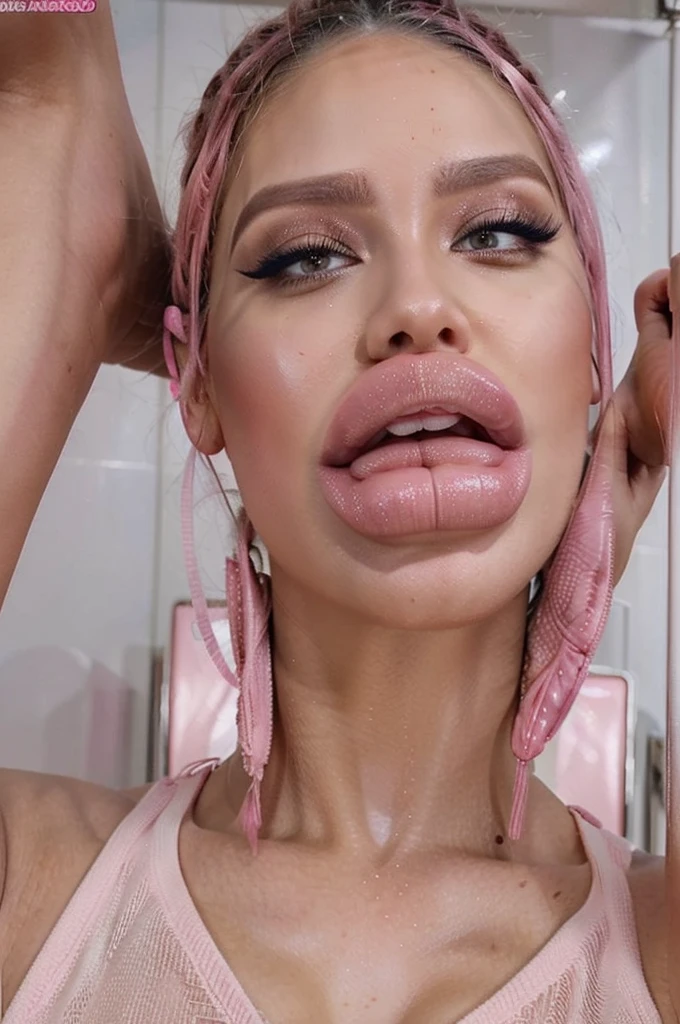 shaved hair, beautiful face, huge eyelashes, pink lipgloss, large tongue, open mouth, hyper big plastic mouth, bimbo face, Large plump Bimbo lips