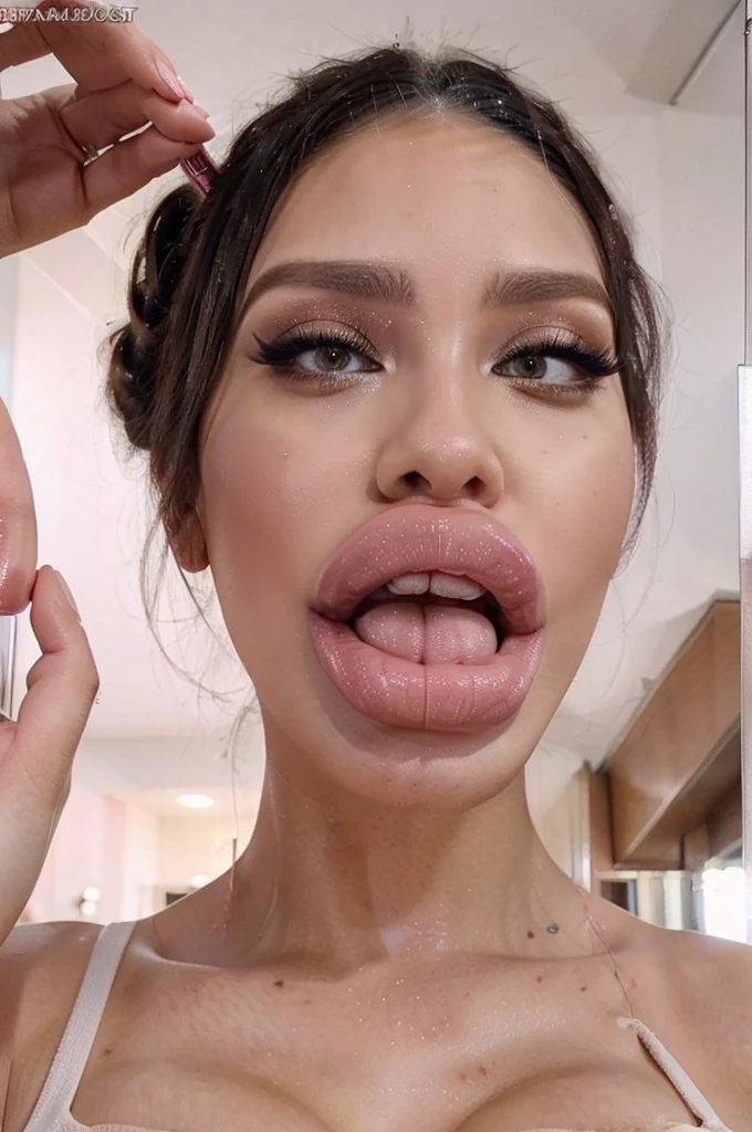 shaved hair, beautiful face, huge eyelashes, pink lipgloss, large tongue, open mouth, hyper big plastic mouth, bimbo face, Large plump Bimbo lips