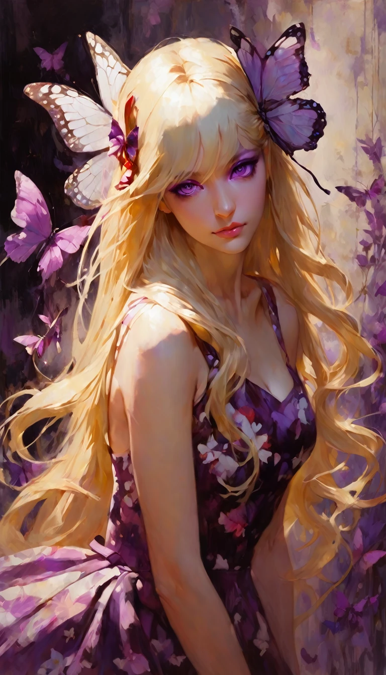 butterfly style, white hell, sexy, flower, floral print, butterfly, long hair, blonde hair, floral dress, bow, masterpiece, best quality, purple eyes, (art inspired by Bill Sienkiewicz). oil painting)