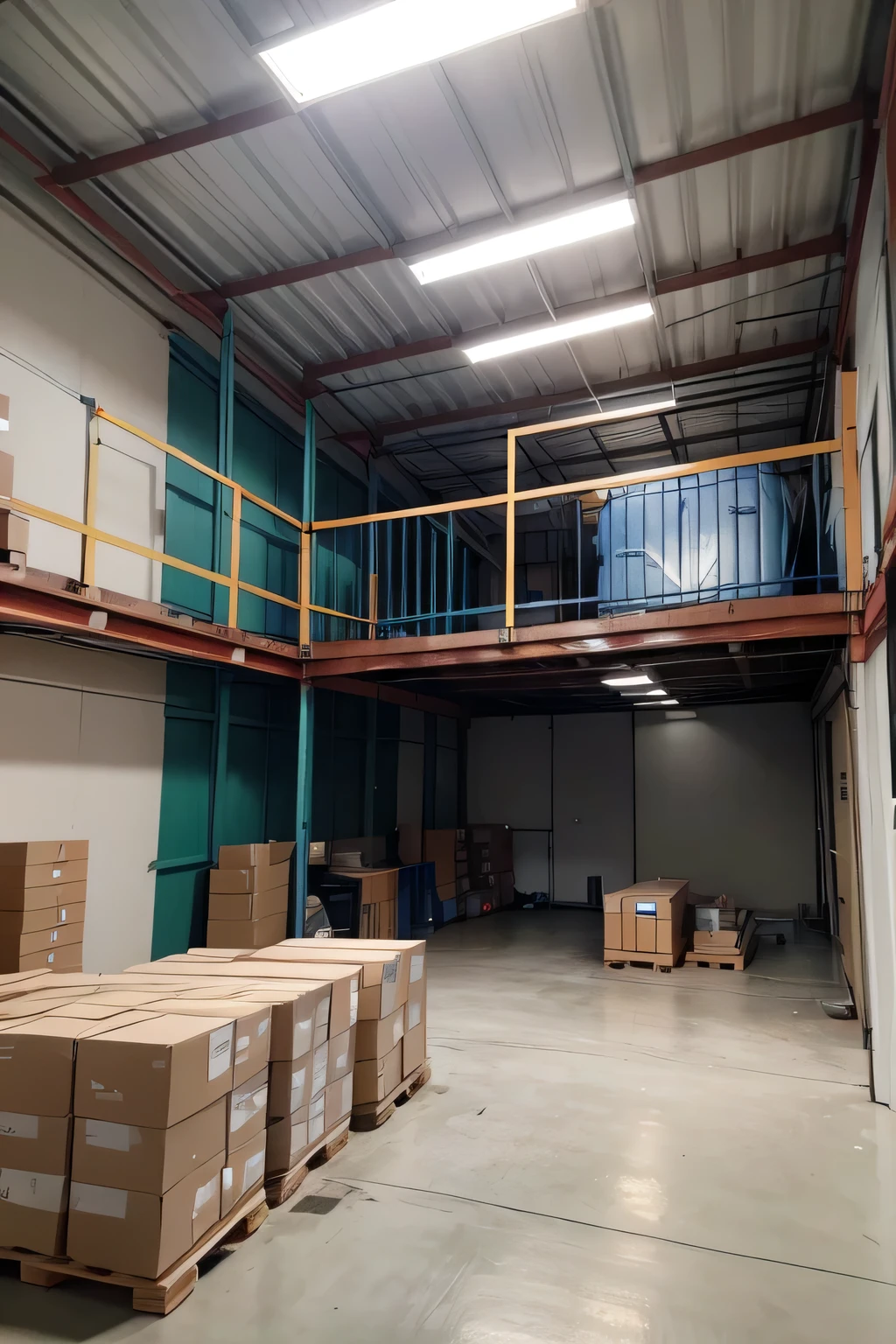small warehouse with office at the end of the room with a table for 5 employees just to collect construction materials