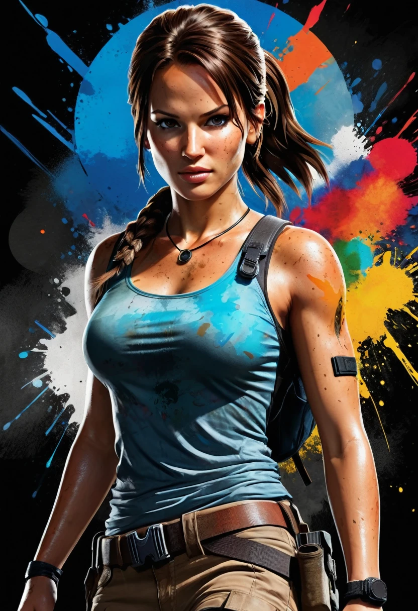 realism style, t shirt design, centered art, 3D vector, water colour, Lara Croft Tomb Raider, black backdrop, Adobe illustration, trends on artstation, High definition, 8K, details Intricate, coloured background, colorful circle, vibrant eyes, beautiful art , work of art
