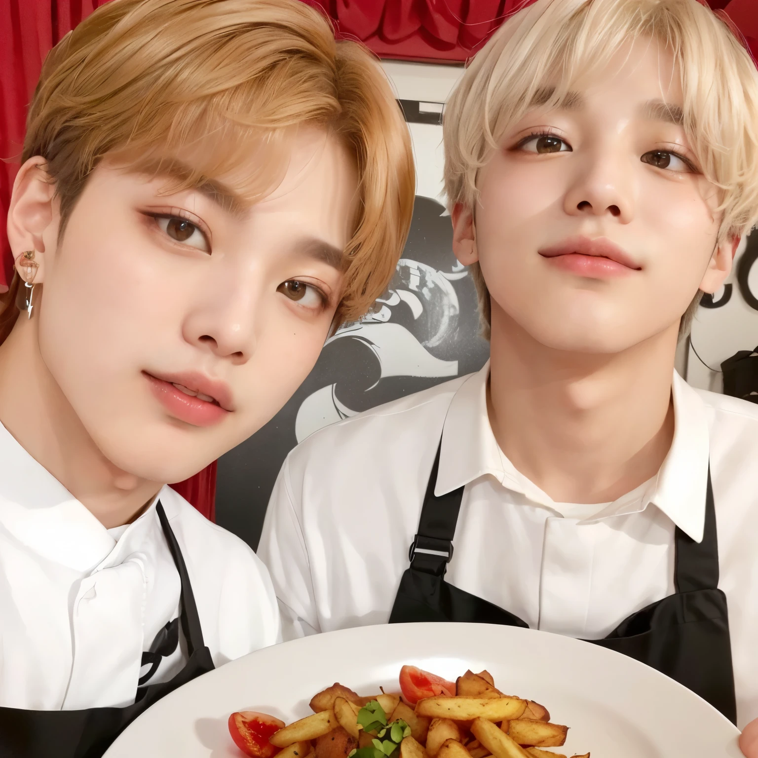 two young people pose for a photo with a plate of food, Jimin, Jimin\the full lips, Jimin\the Greek nose, Jimin\the right eyelid is swollen, Taehyung eating Gucci fries, accurate Jimin face, ❤🔥🍄🌪, park Jimin, BTS, mukbang, jia, all from the group nct, Kim Doyoung