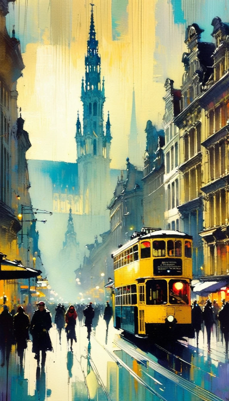 the bustling city, inspired in Brussels (art inspired by Bill Sienkiewicz). oil painting, details of brush strokes that enhance depth)