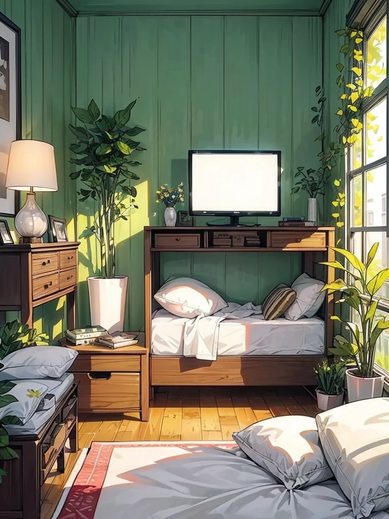 The image shows a cozy, minimalist bedroom with a central bed dressed in white linens. Natural light streams in through a large window with bamboo blinds, highlighting the wooden furniture and green foliage outside. Key elements include a stylish arched floor lamp, a guitar, a TV on a wooden media console, and various decorative items like candles, a vase with dried flowers, and a lantern-style lamp. The room exudes warmth and simplicity with light-colored walls and a focus on comfort and natural materials, hinted at by the text "stay with cotton" in the corner.
