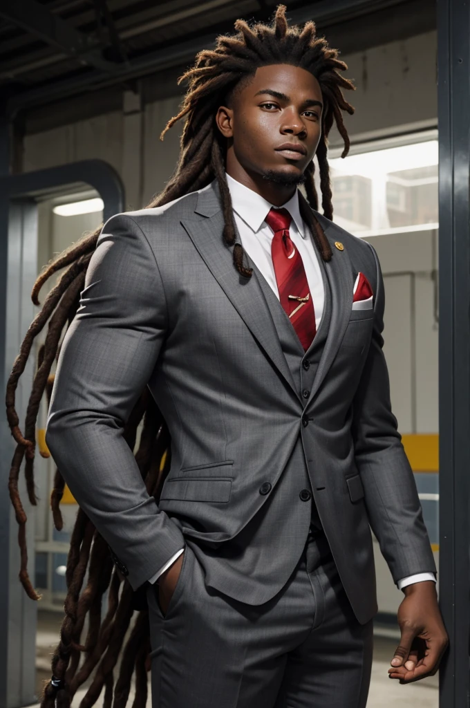 21 year old man from Congo, bulky muscular body, red dreadlock hair, strong, in gray business suit, on football field, heroic pose