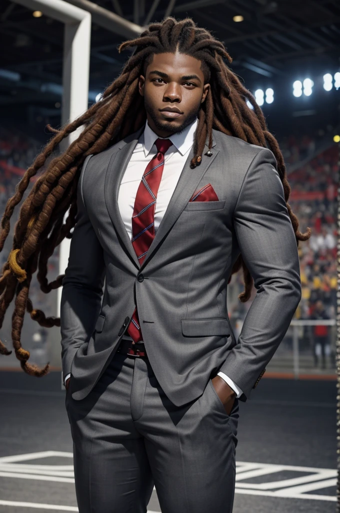 21 year old man from Congo, bulky muscular body, red dreadlock hair, strong, in gray business suit, on football field, heroic pose