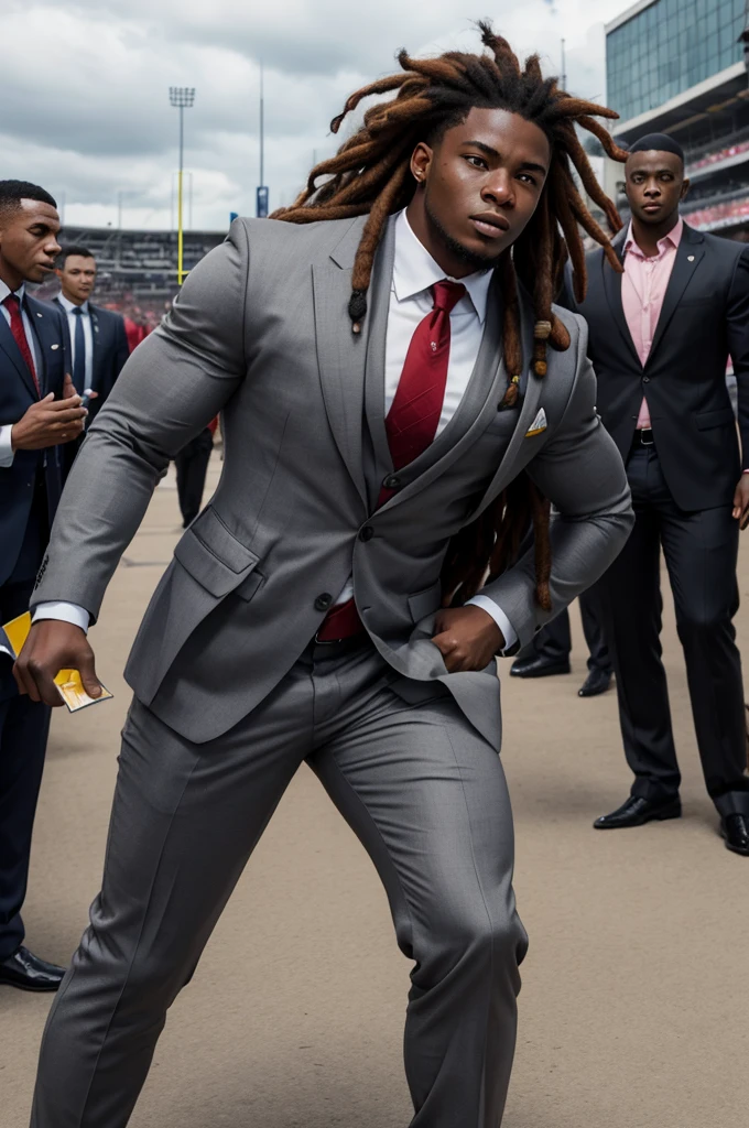 21 year old man from Congo, bulky muscular body, red dreadlock hair, strong, in gray business suit, on football field, heroic pose