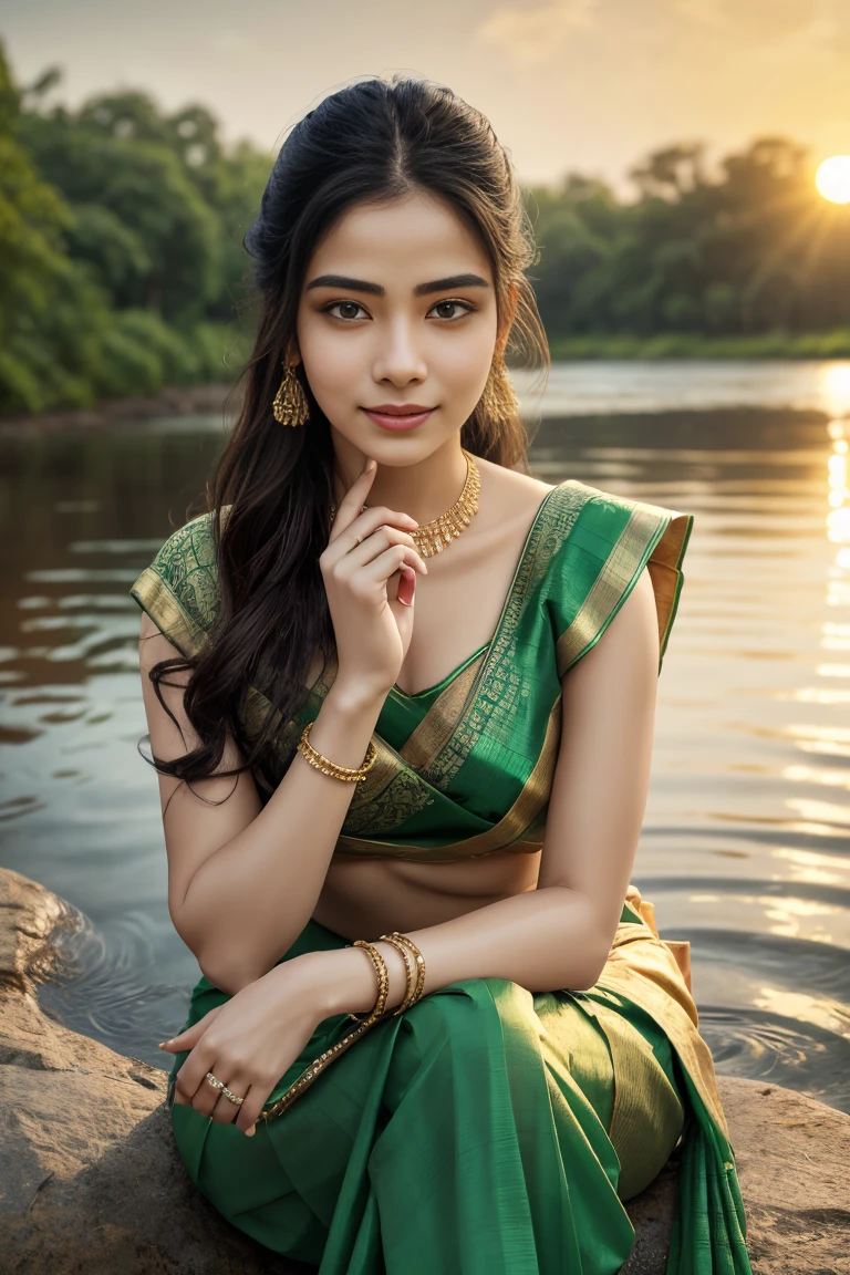 "Generate an [ hyper realistic 8k ]image of a breathtaking woman in a vibrant green saree, seated beside a serene river. She playfully dips her hand into the water, creating mesmerizing ripples that reflect the golden hues of the setting sun. Her expression is one of joy and wonder, as she engages with the natural beauty around her, embodying grace and serenity."
