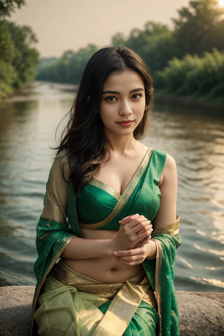 "Generate an [ hyper realistic 8k ]image of a breathtaking woman in a vibrant green saree, seated beside a serene river. She playfully dips her hand into the water, creating mesmerizing ripples that reflect the golden hues of the setting sun. Her expression is one of joy and wonder, as she engages with the natural beauty around her, embodying grace and serenity."
