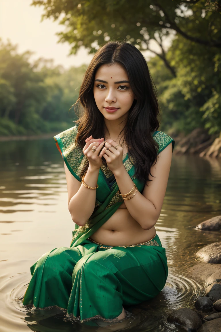 "Generate an [ hyper realistic 8k ]image of a breathtaking woman in a vibrant green saree, seated beside a serene river. She playfully dips her hand into the water, creating mesmerizing ripples that reflect the golden hues of the setting sun. Her expression is one of joy and wonder, as she engages with the natural beauty around her, embodying grace and serenity."
