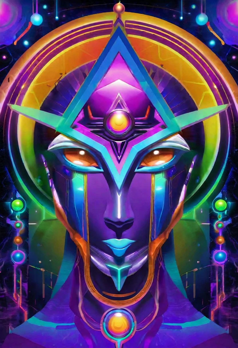 indian robotic face mystical dimensional god seen from the front, futuristic and geometric technology backdrop, spirit, dmr, md, mdma, intergalactic thc, other planets and mirror effects, colors, purple, green, blue and orange.electronic album cover