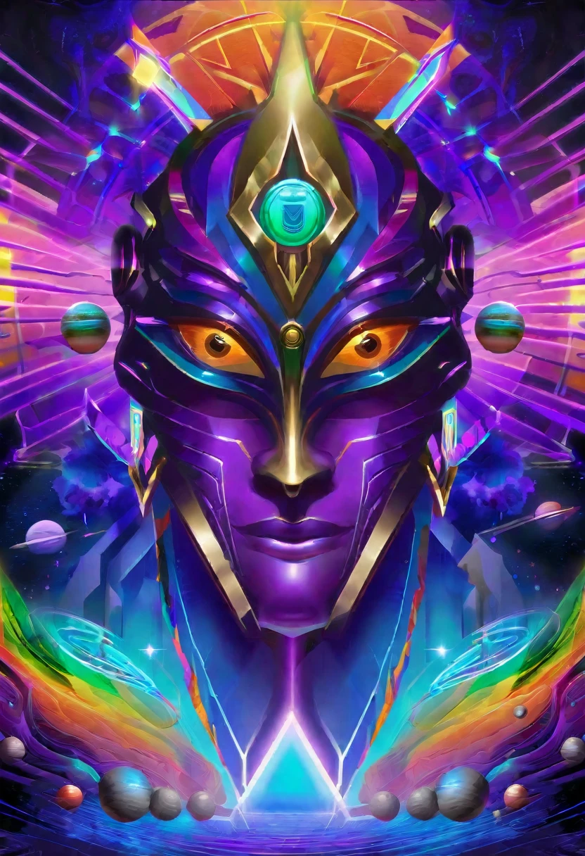indian robotic face mystical dimensional god seen from the front, futuristic and geometric technology backdrop, spirit, dmr, md, mdma, intergalactic thc, other planets and mirror effects, colors, purple, green, blue and orange.electronic album cover