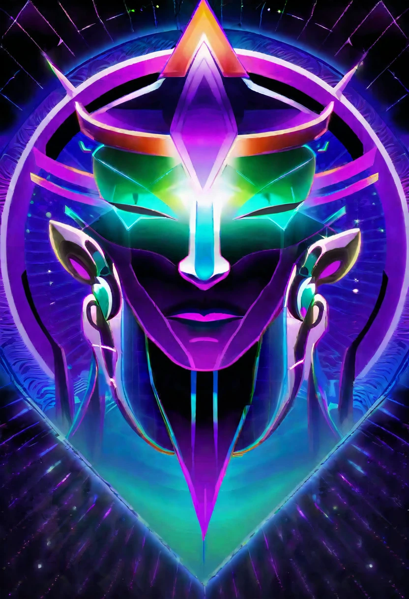 indian robotic face mystical dimensional god seen from the front, futuristic and geometric technology backdrop, spirit, dmr, md, mdma, intergalactic thc, other planets and mirror effects, colors, purple, green, blue and orange.electronic album cover