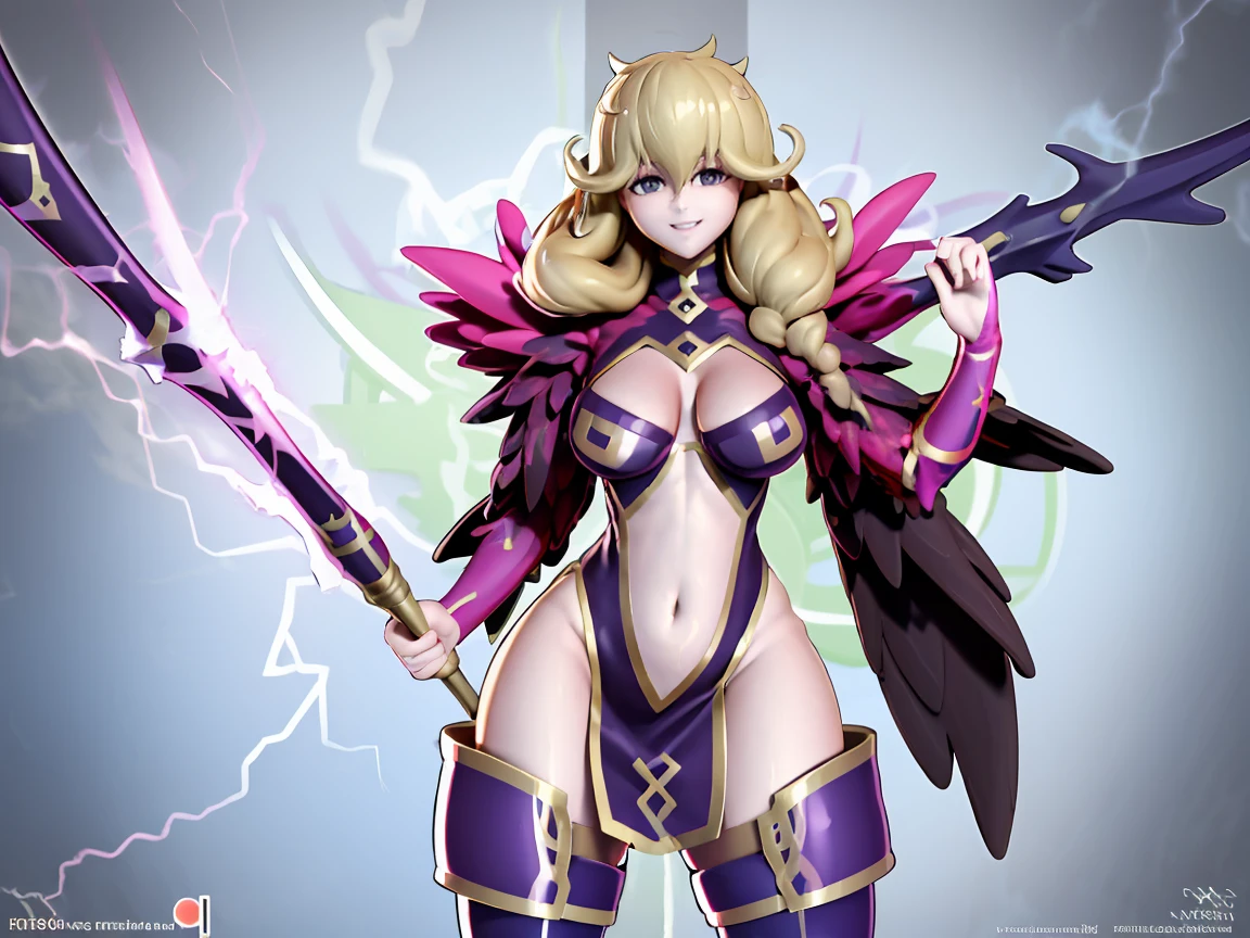 masterpiece, best quality, ultra-detailed, faye, harrieroutfit, smiling, solo, 8k resolution, gorgeous, hourglass figure, close-up, absurdres, cowboy shot, hazel eyes, happy, 2legs, thick thighs, wide hips, huge breasts, electricity covering body, lightning, surrounded by electricity