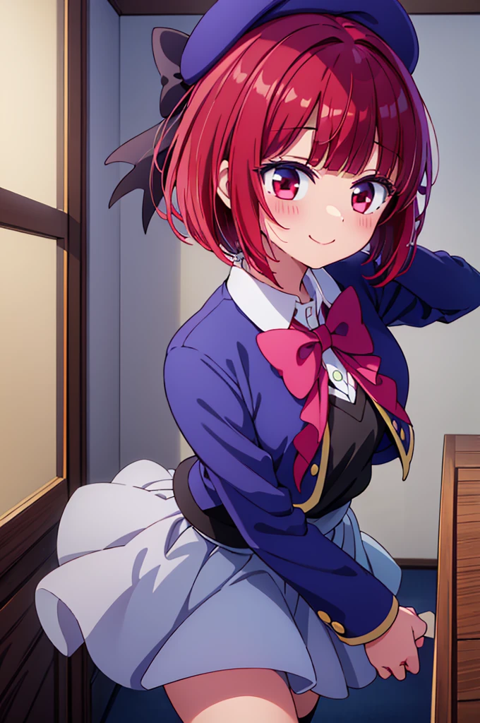 ((masterpiece)), ((best quality)), (ultra-detailed), ((kawaii)), cute, (lovely),(gleaming skin),from directly above,looking up at viewer, very close to viewers, view straight on, light blush, Wariza, ((seductive smile)), arima kana,aakana,red hair, short hair, hollow eyes, beret, red eyes, blue headwear, red bowtie, collared shirt, blue jacket, open jacket, long sleeves, grey skirt,black thigh high socks,night,hotel room