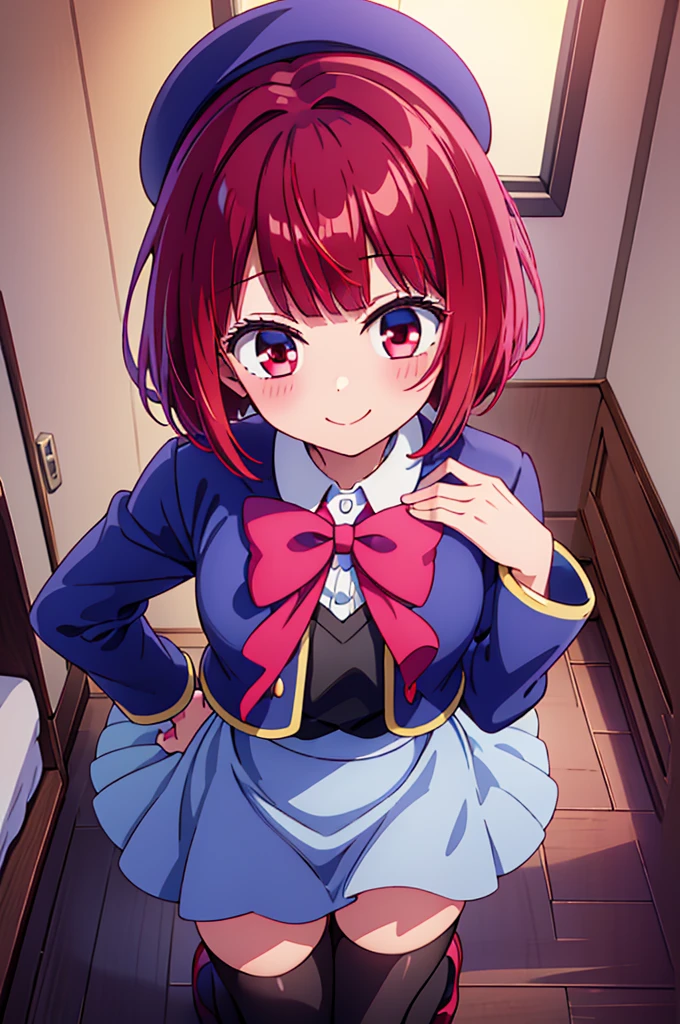 ((masterpiece)), ((best quality)), (ultra-detailed), ((kawaii)), cute, (lovely),(gleaming skin),from directly above,looking up at viewer, very close to viewers, view straight on, light blush, Wariza, ((seductive smile)), arima kana,aakana,red hair, short hair, hollow eyes, beret, red eyes, blue headwear, red bowtie, collared shirt, blue jacket, open jacket, long sleeves, grey skirt,black thigh high socks,night,hotel room