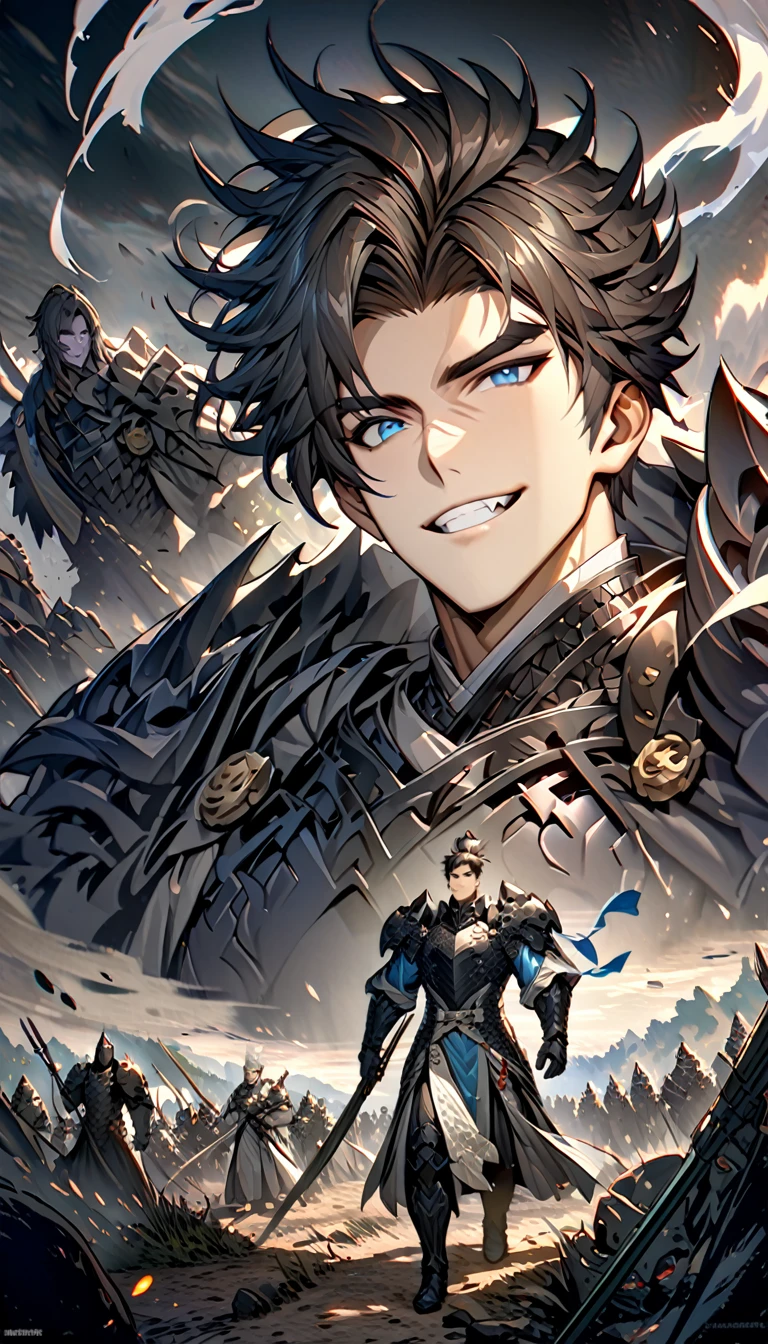 male black shadow ghost knight walking away from a battlefield, shadow, black, A quiet and charming young man, 30 years old, smile, gag, Portrait, Highly detailed face, 寒さとsmile, ((blue eyes)), ((ผมสั้นblack)), [Thick eyebrows], Black Knight Armor (เกราะblackล้วน) , ผ้าคลุมขนสัตว์black(Masterpiece,best quality,special, (Broad shoulders)) (muscle), male focus, Hand Held Weapons (Crescent repeater),Lipo,Fang Tian Hua Ji,High quality, สมจริงเป็นspecial,nonsense, height, Very detailed, HDR, Masterpiece, ใบหน้าและดวงตาที่มีรายVery detailed,ผม Quiff blackสั้นมี Soft Fringe, handsome , muscle, Facial expressions,อัศวินชุดblack, ghost knight, full body view, Facing the front, shadow อัศวิน, blue eyesเรืองแสง, black smoke, dark, Masterpiece, Masterpiece lighting , 