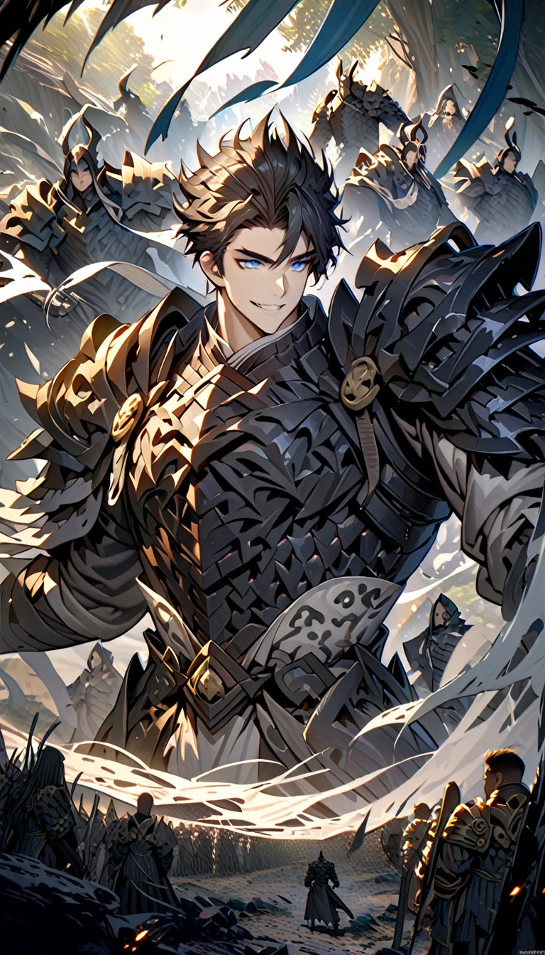 male black shadow ghost knight walking away from a battlefield, shadow, black, A quiet and charming young man, 30 years old, smile, gag, Portrait, Highly detailed face, 寒さとsmile, ((blue eyes)), ((ผมสั้นblack)), [Thick eyebrows], Black Knight Armor (เกราะblackล้วน) , ผ้าคลุมขนสัตว์black(Masterpiece,best quality,special, (Broad shoulders)) (muscle), male focus, Hand Held Weapons (Crescent repeater),Lipo,Fang Tian Hua Ji,High quality, สมจริงเป็นspecial,nonsense, height, Very detailed, HDR, Masterpiece, ใบหน้าและดวงตาที่มีรายVery detailed,ผม Quiff blackสั้นมี Soft Fringe, handsome , muscle, Facial expressions,อัศวินชุดblack, ghost knight, full body view, Facing the front, shadow อัศวิน, blue eyesเรืองแสง, black smoke, dark, Masterpiece, Masterpiece lighting , 