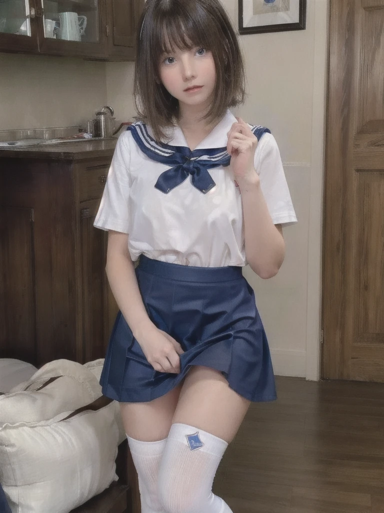 Best quality, high quality, masterpiece, high resolution, detailed, one girl, cute girl, twelve years old girl, skirt lift, white panties, brown hair, blue sailor skirt, sailor suit, black over knee socks, small breasts, show off nipple, good pupil, 4k