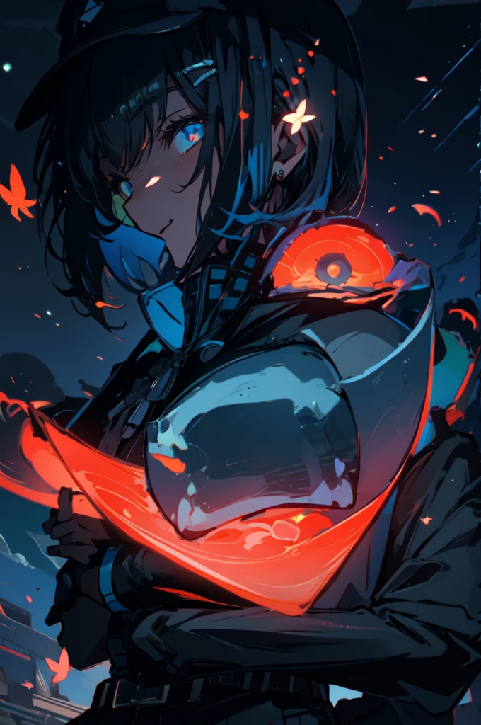Beautiful hands, Beautiful dresasterpiece, (best quality:1.2), intricate details, ado, 1girl, multicolored hair, long hair, collared shirt, jacket, bangs, long sleeves, blue flower, (mature female:1.2), Ado, (dark blue hair, light blue inner), extra long hair, straight hair, blue eyes, slanted eyes, white inner shirt, (long black jacket, long black pants), (masterpiece, best quality:1.2), intricate details, ado, 1girl, multicolored hair, long hair, collared shirt, bangs, long sleeves, blue flower, (mature female:1.2), Stars and comets pass by in the open sky, Beautiful Clouds, A tree with glowing fireflies and butterflies々, (Ultra-realistic), {Highly detailed CG unit 8k wallpaper}, Vast landscape photography, (View from below with a panoramic view of the sky, vast open field vision), (Low angle shot), (Light: 1.5), (warm Light source: 1.2), Intricate details, (Rainbow colors: 1.2), (bright Lighting), (atimospheric Lighting), dream-like, Magic, fairy tale