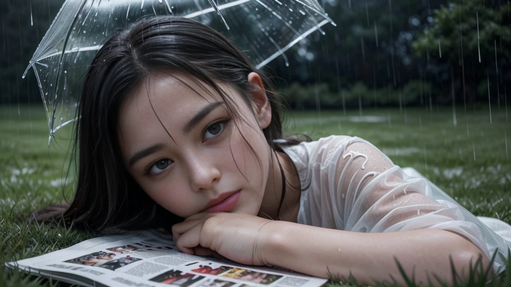 girl laying on the grass in the rain with a b/w magazine, perfect movie shot, raining outside, under rain, from a movie scene, rainy wet, after rain and no girls, rain!!!!, in the rain, rainy outside, very realistic film still, rainy day outside, rainy afternoon, raining!, iconic shot, carnal ) wet, in a rainy environment