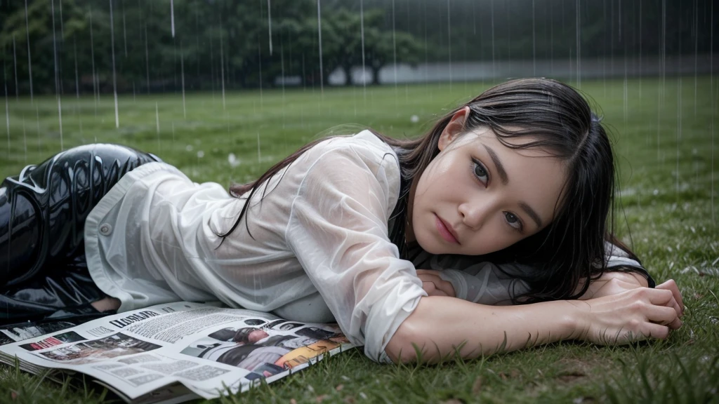 woman laying on the grass in the rain with a b/w magazine, perfect movie shot, raining outside, under rain, from a movie scene, rainy wet, after rain and no girls, rain!!!!, in the rain, rainy outside, very realistic film still, rainy day outside, rainy afternoon, raining!, iconic shot, carnal ) wet, in a rainy environment