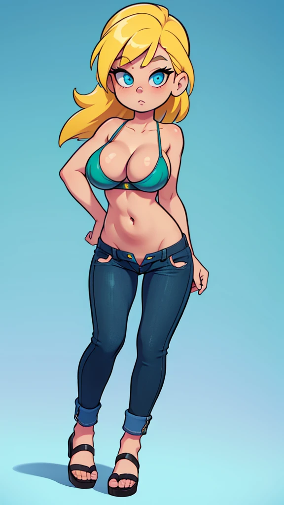 A sexy girl, attractive beauty, big breast, yellow hair, her light blue eye, wears a top, a green bra, a black stripe, shows her navel, and blue jeans, a black heel.